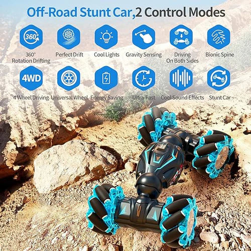 Stunt Car, 4WD 2.4GHz Remote Control Gesture Sensor Toy Cars, 360° Rotating Off Road Vehicle with Lights, Toy Cars for kids سيارة حيلة، سيارات لعبة تعمل بجهاز تحكم عن بعد بتردد 2.4 جيجا هرتز ومستشعر للإيماءات، تدور بزاوية 360 درجة